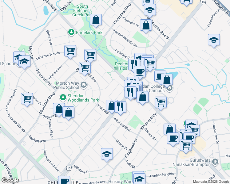 map of restaurants, bars, coffee shops, grocery stores, and more near 19 Pickard Lane in Brampton