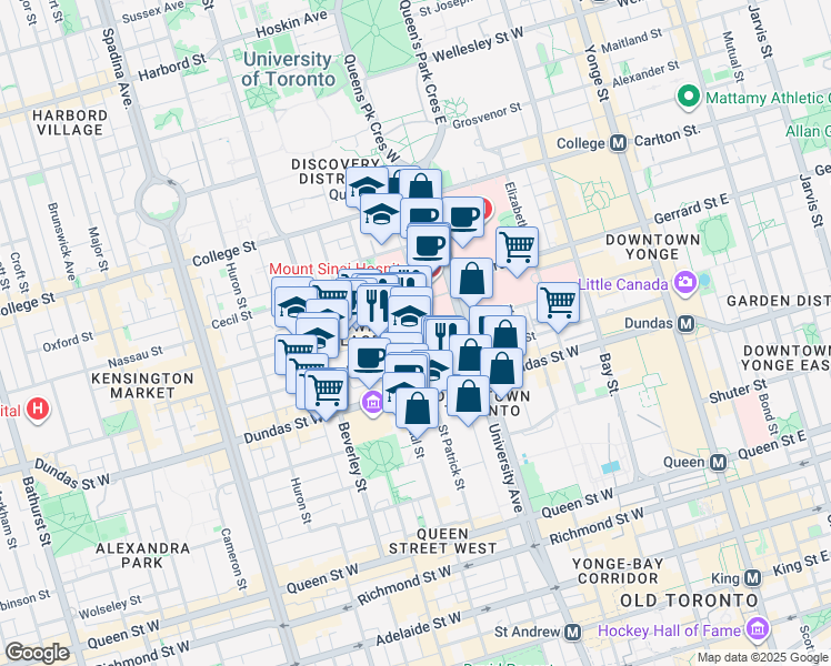 map of restaurants, bars, coffee shops, grocery stores, and more near 211 St Patrick St in Toronto