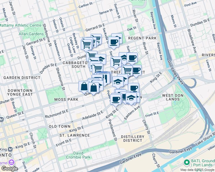 map of restaurants, bars, coffee shops, grocery stores, and more near 356 Queen Street East in Toronto