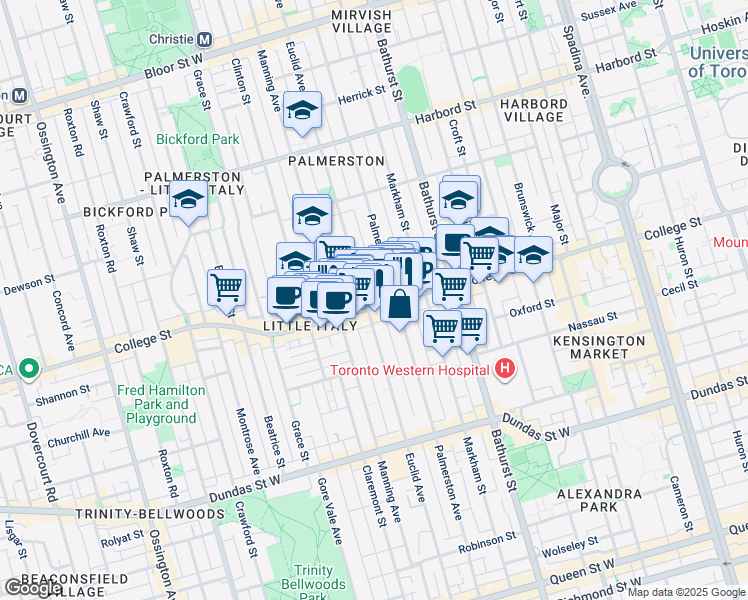 map of restaurants, bars, coffee shops, grocery stores, and more near in Toronto