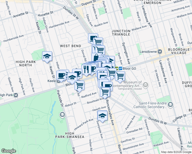 map of restaurants, bars, coffee shops, grocery stores, and more near 1555 Bloor Street West in Toronto