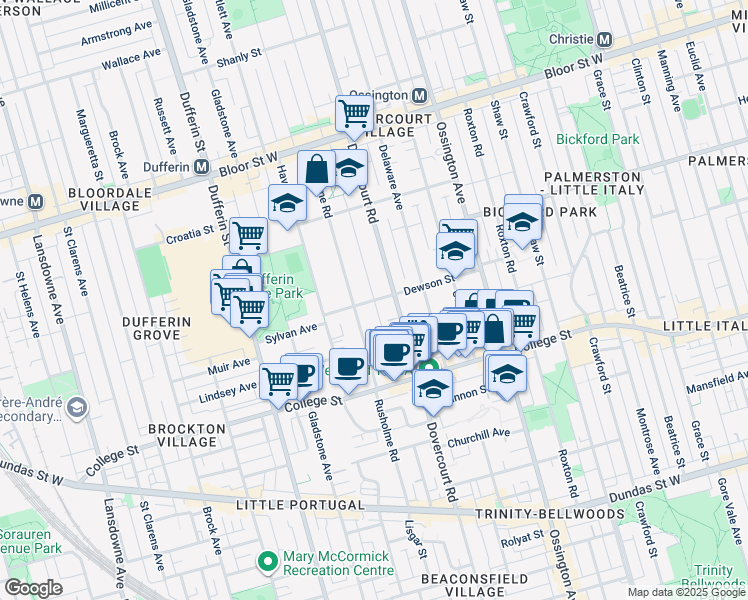 map of restaurants, bars, coffee shops, grocery stores, and more near in Toronto