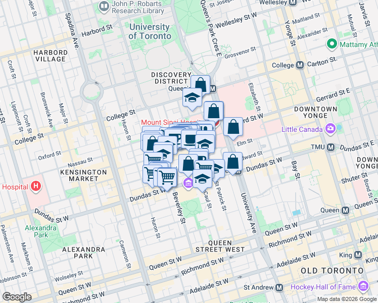 map of restaurants, bars, coffee shops, grocery stores, and more near 5 Baldwin Street in Toronto