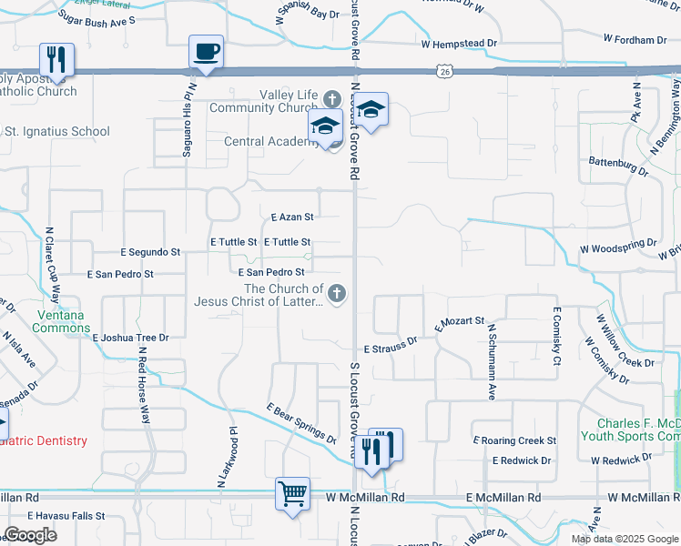 map of restaurants, bars, coffee shops, grocery stores, and more near 1577 East San Pedro Court in Meridian