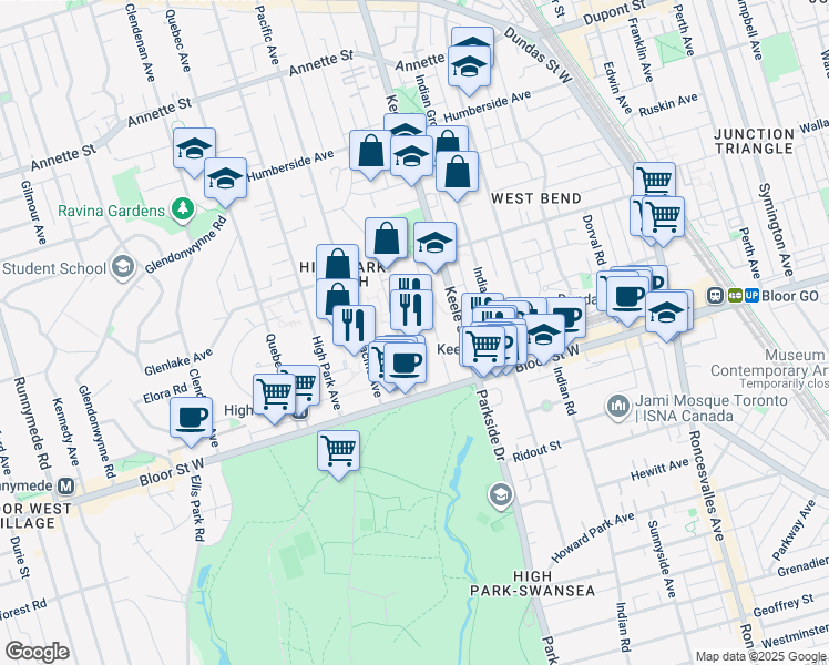 map of restaurants, bars, coffee shops, grocery stores, and more near 45 Oakmount Road in Toronto