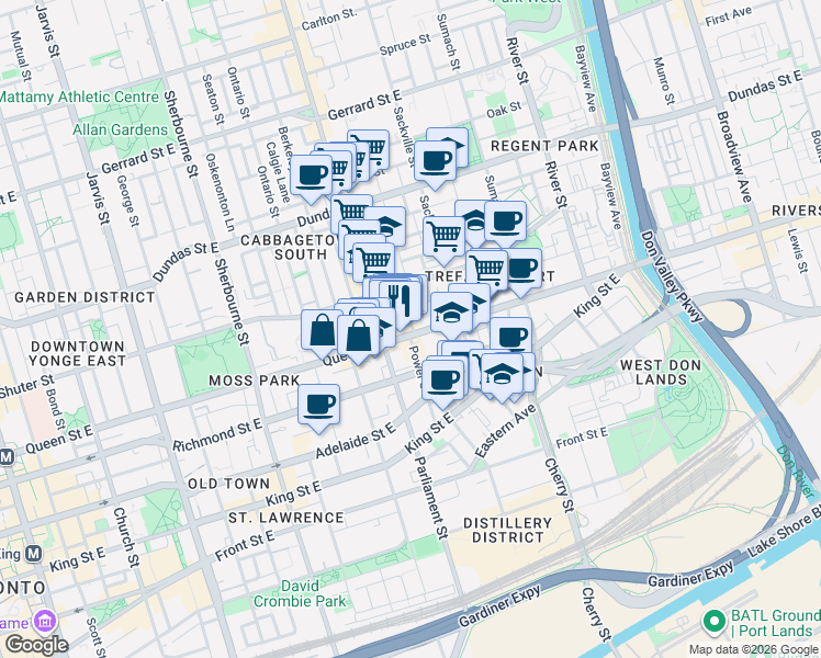 map of restaurants, bars, coffee shops, grocery stores, and more near 384 Queen Street East in Toronto