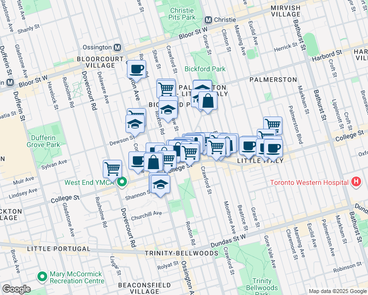 map of restaurants, bars, coffee shops, grocery stores, and more near 475 Shaw Street in Toronto