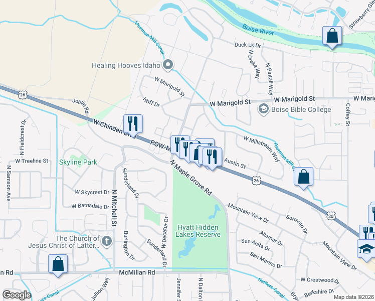map of restaurants, bars, coffee shops, grocery stores, and more near 9277 West Austin Street in Boise