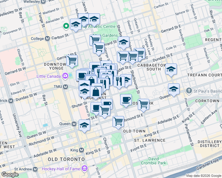 map of restaurants, bars, coffee shops, grocery stores, and more near 215 Jarvis Street in Toronto