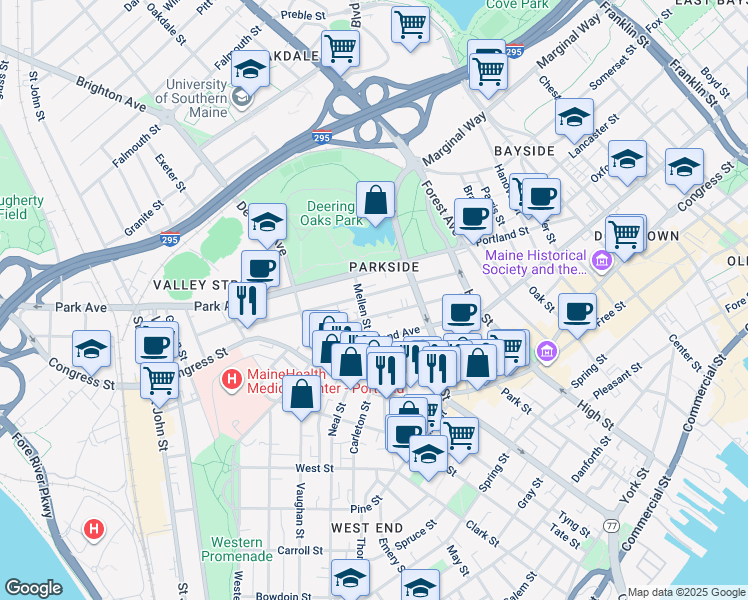 map of restaurants, bars, coffee shops, grocery stores, and more near 80 Grant Street in Portland