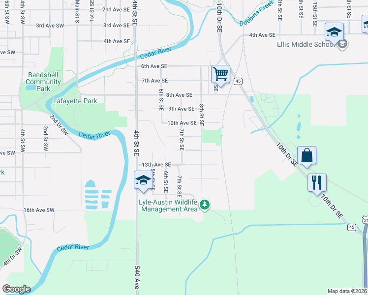 map of restaurants, bars, coffee shops, grocery stores, and more near 801 12th Avenue Southeast in Austin