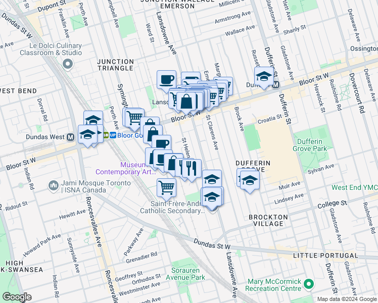 map of restaurants, bars, coffee shops, grocery stores, and more near 245 Saint Helens Avenue in Toronto