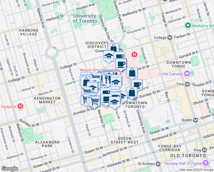 map of restaurants, bars, coffee shops, grocery stores, and more near 5 Baldwin Street in Toronto