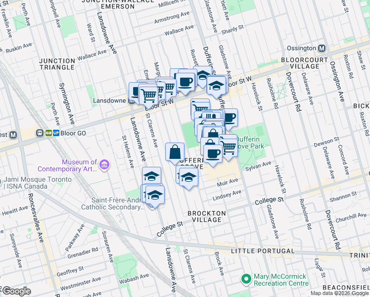 map of restaurants, bars, coffee shops, grocery stores, and more near 490 Brock Avenue in Toronto