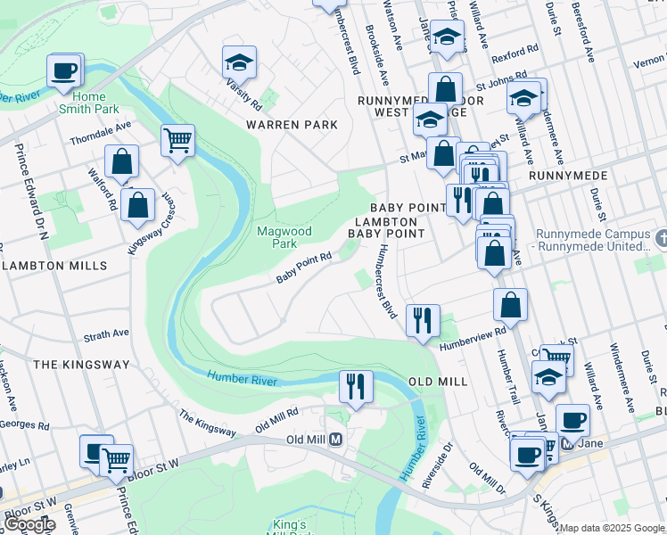 map of restaurants, bars, coffee shops, grocery stores, and more near 21 Baby Point Crescent in Toronto