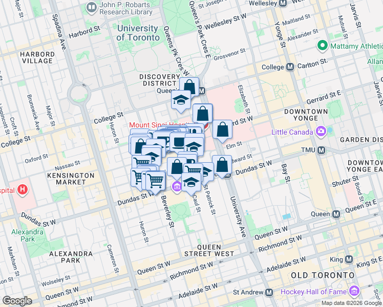 map of restaurants, bars, coffee shops, grocery stores, and more near 222 Elm Street in Toronto