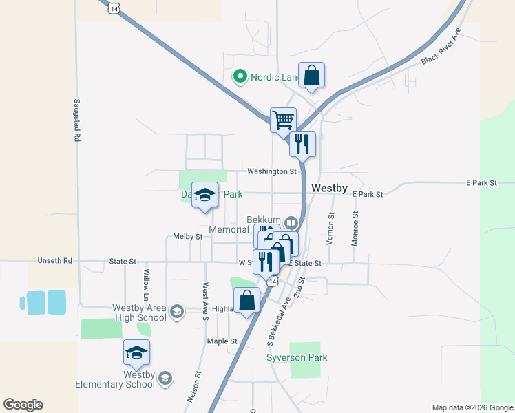 map of restaurants, bars, coffee shops, grocery stores, and more near 217 Davidson Avenue in Westby