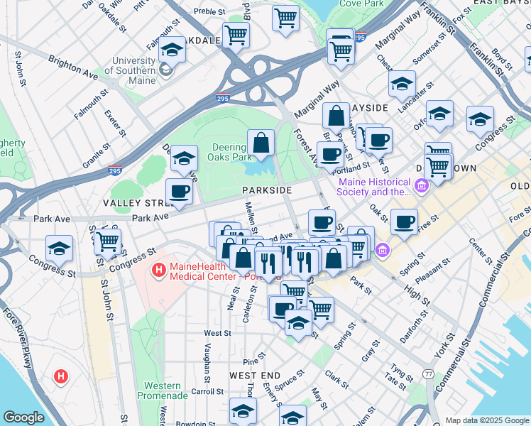 map of restaurants, bars, coffee shops, grocery stores, and more near 72 Grant Street in Portland