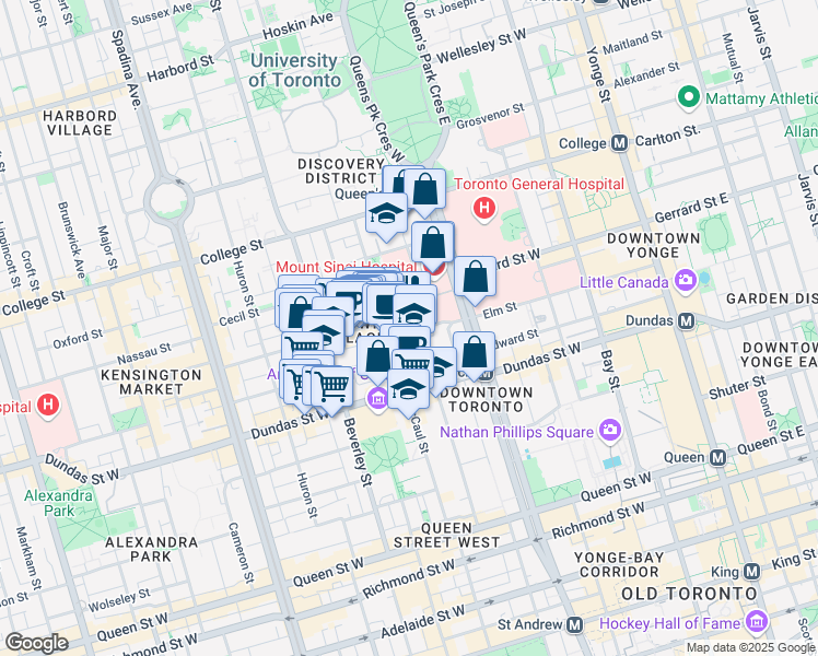 map of restaurants, bars, coffee shops, grocery stores, and more near 222 Elm Street in Toronto