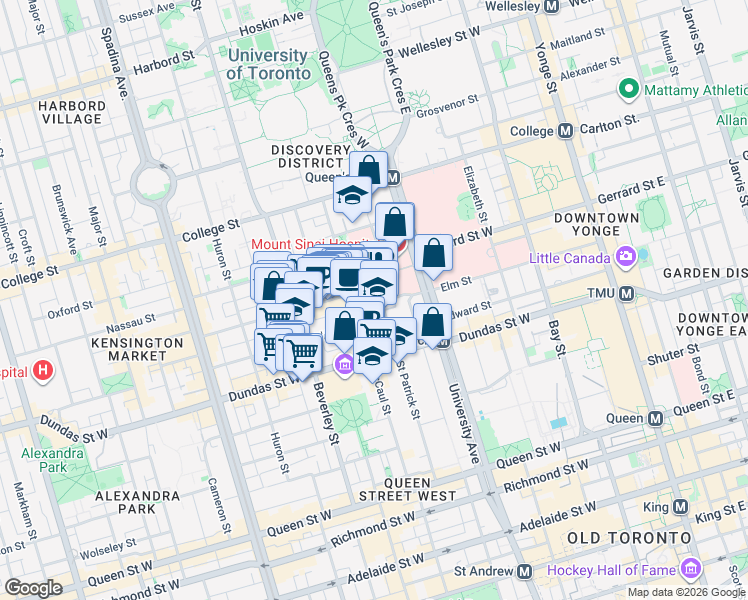 map of restaurants, bars, coffee shops, grocery stores, and more near 200 Elm Street in Toronto