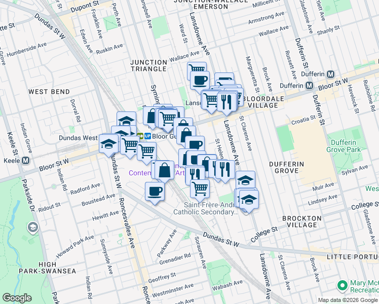map of restaurants, bars, coffee shops, grocery stores, and more near 221 Sterling Road in Toronto