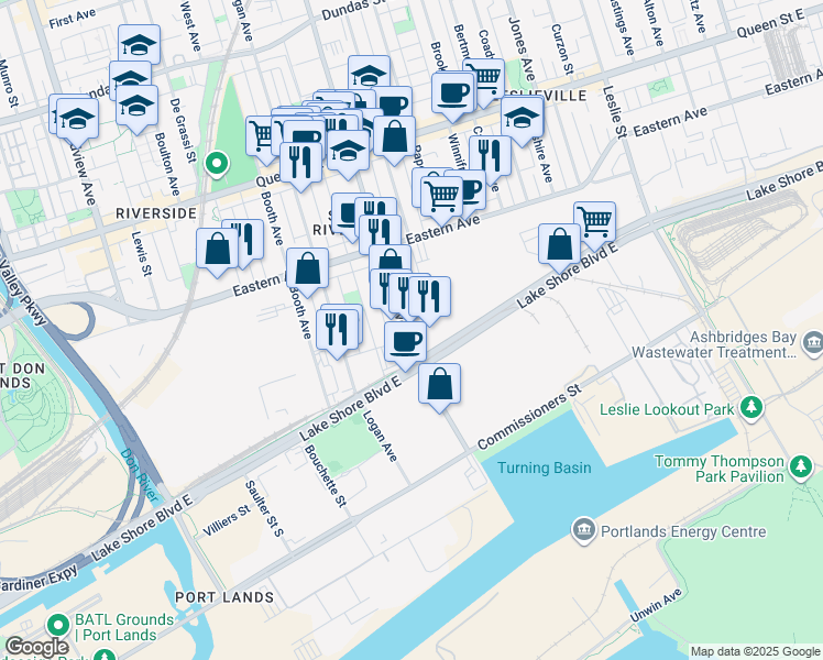 map of restaurants, bars, coffee shops, grocery stores, and more near 11 Carlaw Avenue in Toronto
