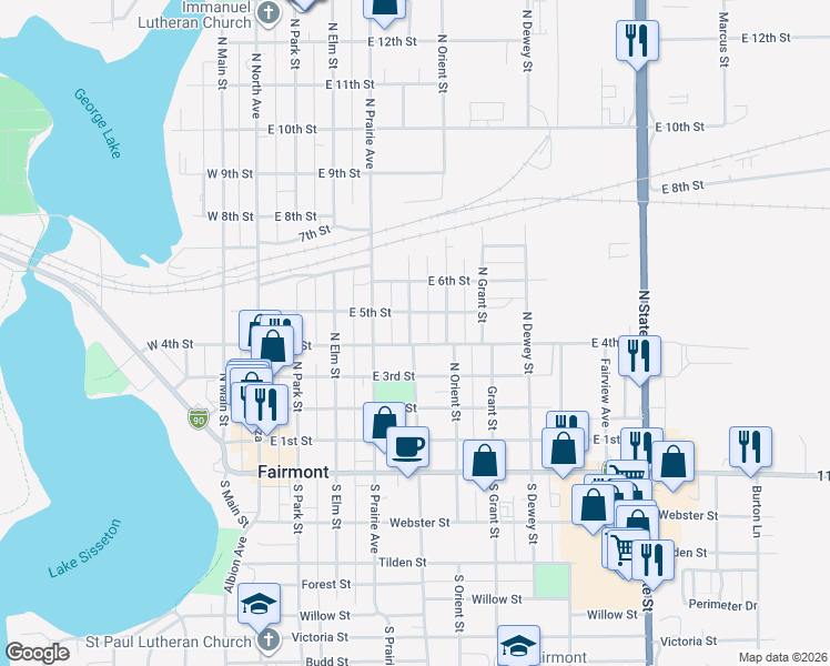 map of restaurants, bars, coffee shops, grocery stores, and more near 404 North Hampton Street in Fairmont