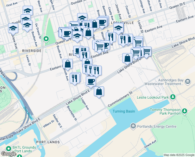 map of restaurants, bars, coffee shops, grocery stores, and more near 11 Carlaw Avenue in Toronto