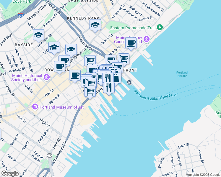 map of restaurants, bars, coffee shops, grocery stores, and more near 12 Portland Pier in Portland