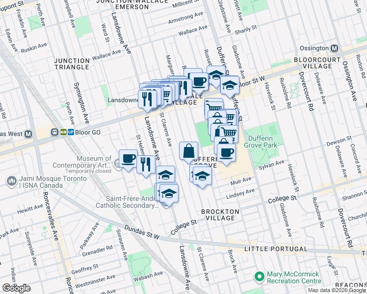 map of restaurants, bars, coffee shops, grocery stores, and more near 238 Margueretta Street in Toronto