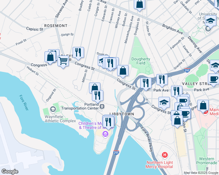 map of restaurants, bars, coffee shops, grocery stores, and more near 1230 Congress Street in Portland