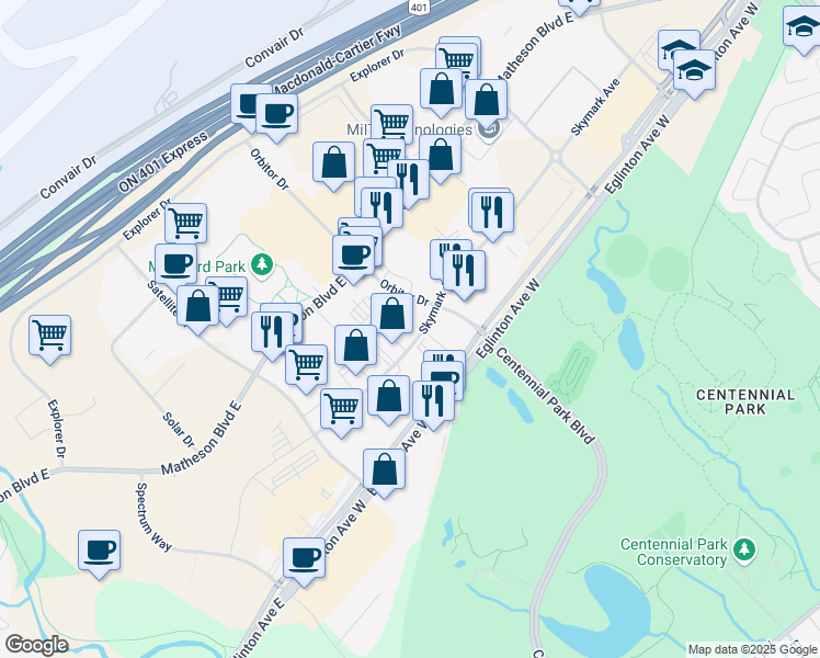 map of restaurants, bars, coffee shops, grocery stores, and more near 2475 Skymark Avenue in Mississauga