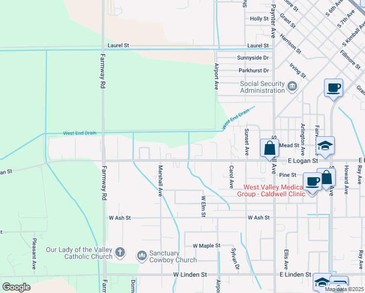 map of restaurants, bars, coffee shops, grocery stores, and more near 612 West Logan Street in Caldwell