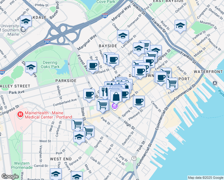 map of restaurants, bars, coffee shops, grocery stores, and more near 92 Oak Street in Portland