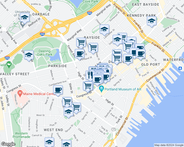 map of restaurants, bars, coffee shops, grocery stores, and more near 92 Oak Street in Portland