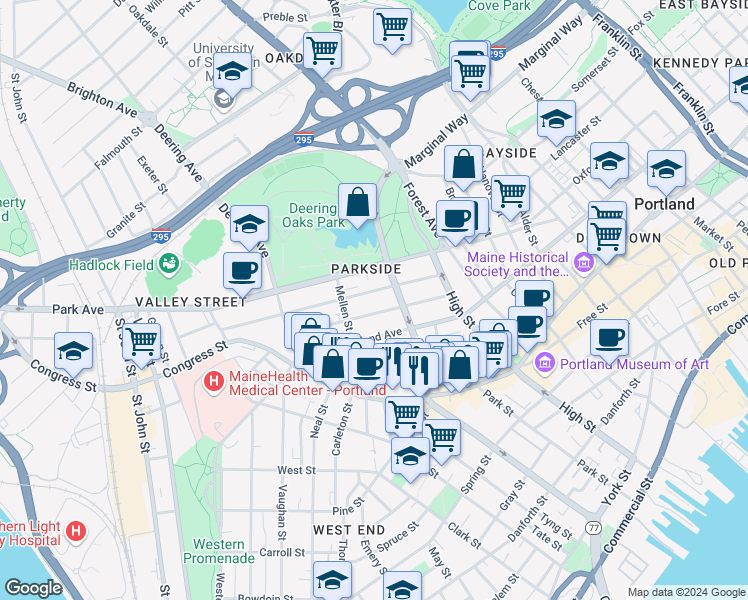 map of restaurants, bars, coffee shops, grocery stores, and more near 61 Sherman Street in Portland