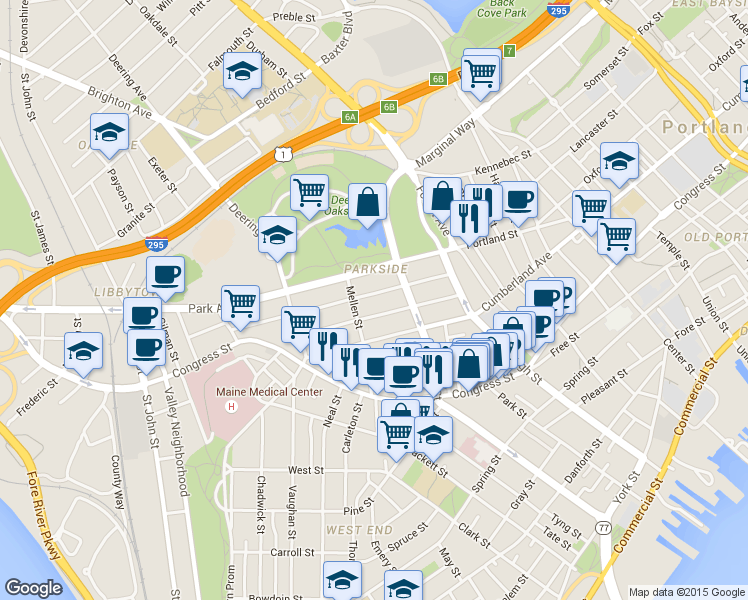 map of restaurants, bars, coffee shops, grocery stores, and more near 61 Sherman Street in Portland
