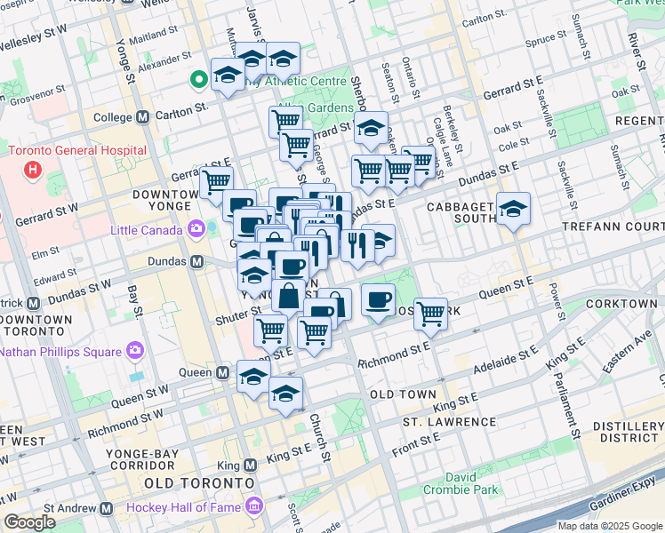 map of restaurants, bars, coffee shops, grocery stores, and more near in Toronto