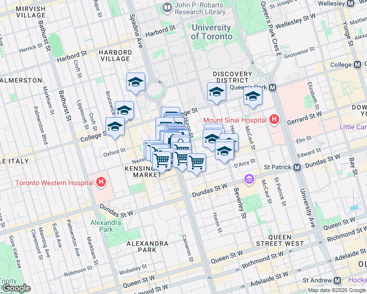 map of restaurants, bars, coffee shops, grocery stores, and more near 345 Spadina Avenue in Toronto