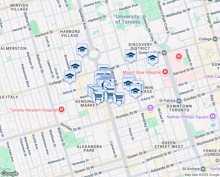 map of restaurants, bars, coffee shops, grocery stores, and more near 345 Spadina Avenue in Toronto
