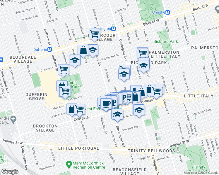 map of restaurants, bars, coffee shops, grocery stores, and more near in Toronto
