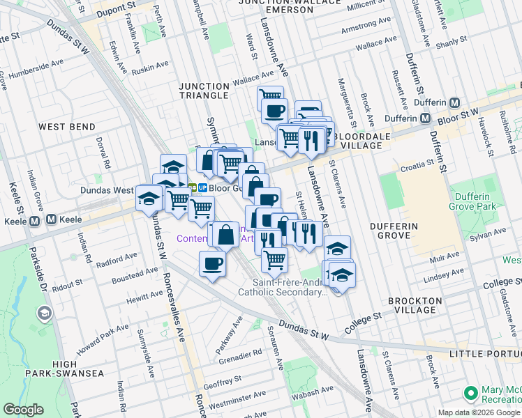 map of restaurants, bars, coffee shops, grocery stores, and more near 225 Sterling Road in Toronto