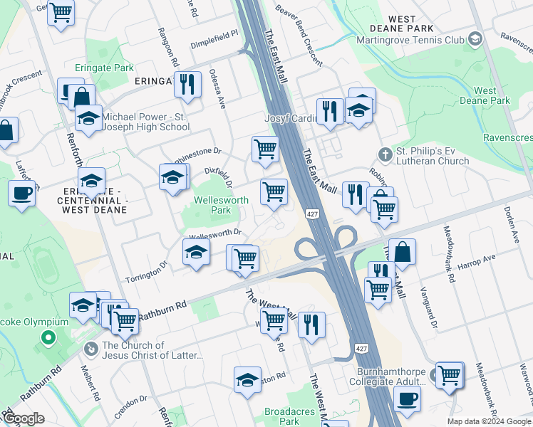 map of restaurants, bars, coffee shops, grocery stores, and more near in Toronto
