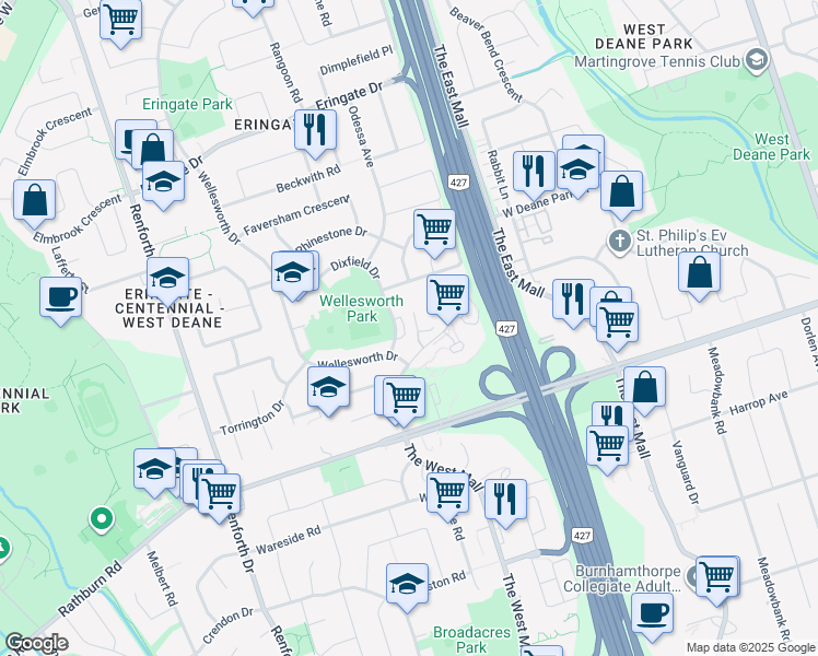 map of restaurants, bars, coffee shops, grocery stores, and more near in Toronto