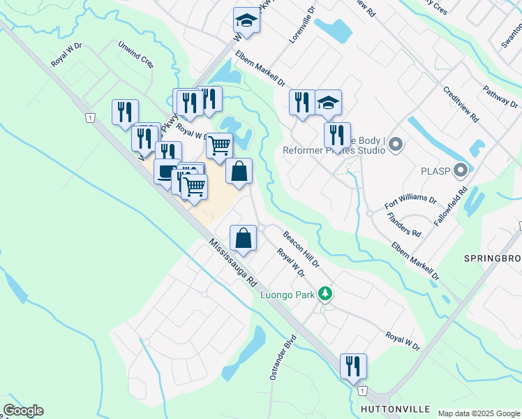 map of restaurants, bars, coffee shops, grocery stores, and more near 104 Royal West Drive in Brampton