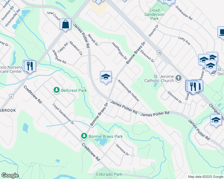 map of restaurants, bars, coffee shops, grocery stores, and more near Bonnie Braes Drive in Brampton