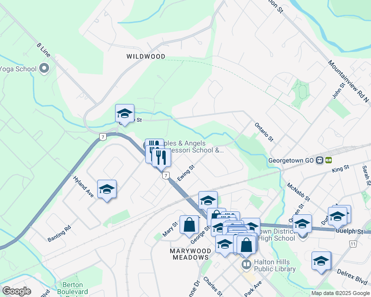 map of restaurants, bars, coffee shops, grocery stores, and more near 18 Cherry Street in Halton Hills