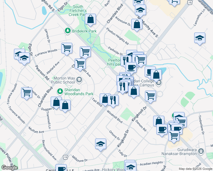 map of restaurants, bars, coffee shops, grocery stores, and more near Pickard Lane in Brampton