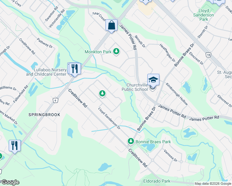 map of restaurants, bars, coffee shops, grocery stores, and more near 30 Overglen Court in Brampton