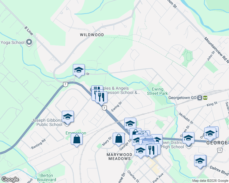 map of restaurants, bars, coffee shops, grocery stores, and more near 18 Cherry Street in Halton Hills